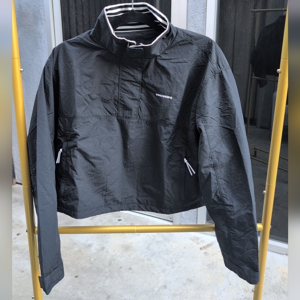 Converse Womens Black Windbreaker Jacket White Stripe Collar Size S